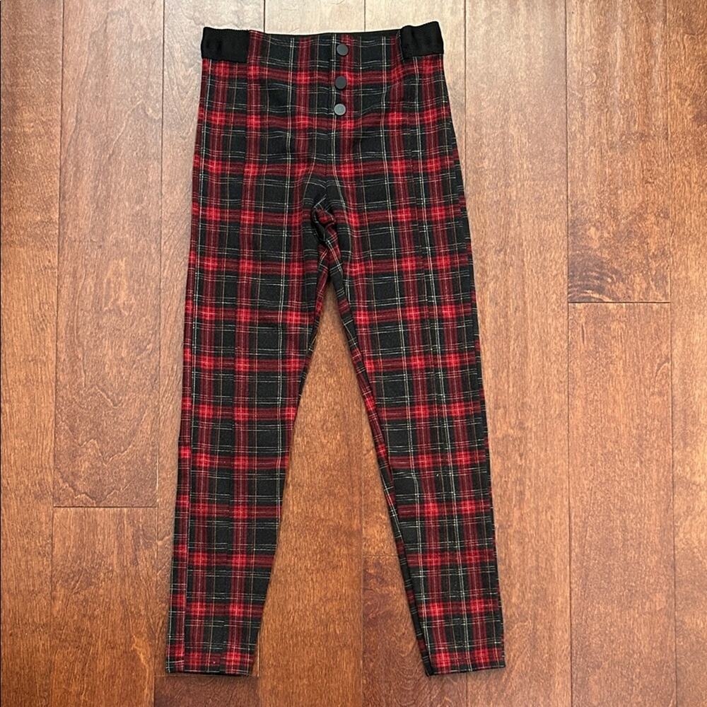 Zara Kids Red and Black Plaid Leggings, Size 11/12